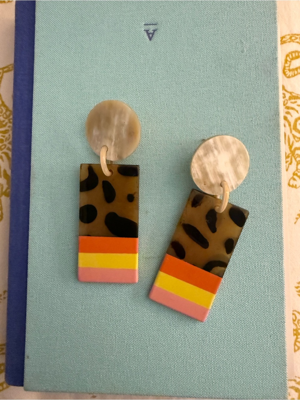 Anthropologie Women’s Resin Drop Rectangle Earrings Leopard Orange Yellow Pink